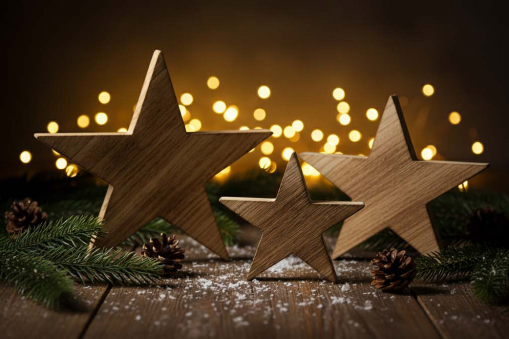 Rustikale Holzsterne – 3er Set aus handgefertigtem Paulownia-Holz für festliche Dekoration