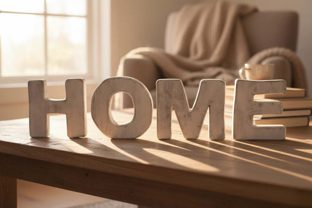 Stilvoller Home Schriftzug in Weiß für gemütliche Atmosphäre