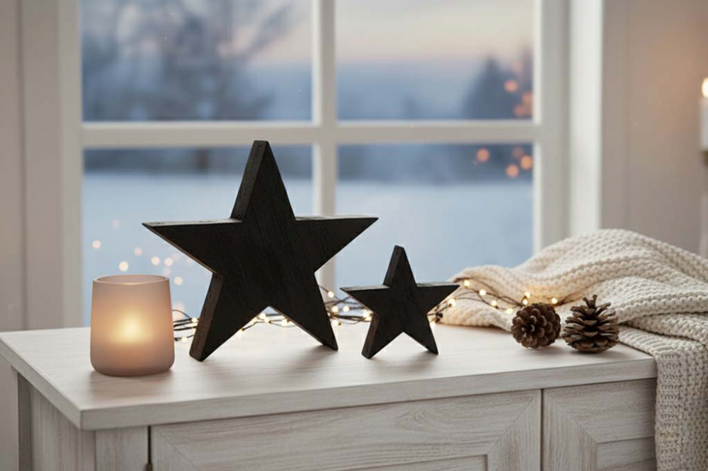 Schwarzer Holzstern – stilvolle Weihnachtsdeko aus Paulownia-Holz, ideal für moderne Festtagsgestaltung