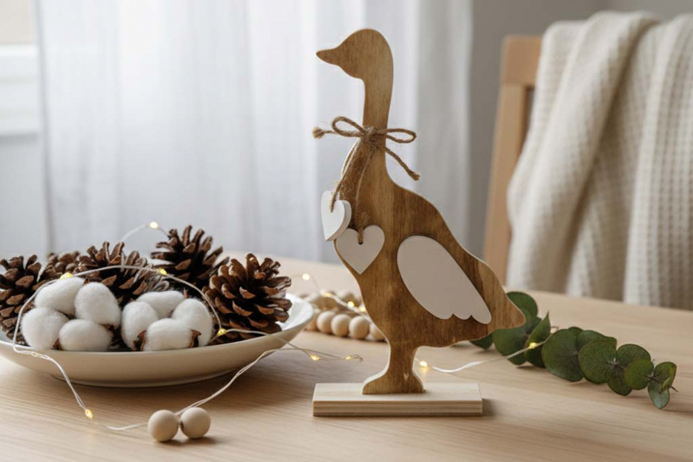 Natürliche Dekofigur: Gans aus Holz – ideale Geschenkidee für Frühlingsfreunde.