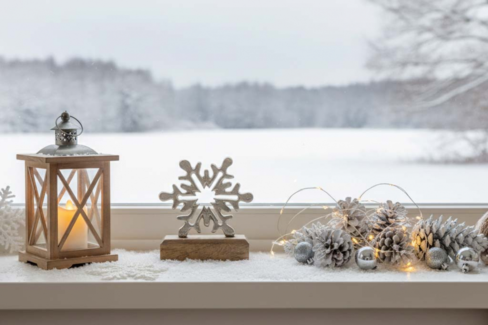 Schneeflocke aus Metall auf Mangoholzsockel – elegante Winterdekoration