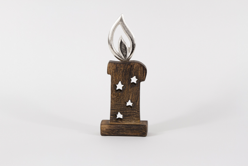 Kerze aus Holz braun mit Flamme aus Metall 26cm