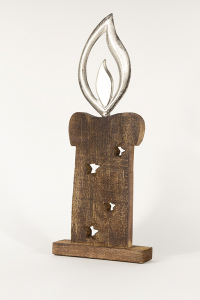 Kerze aus Holz braun mit Flamme aus Metall 49 cm