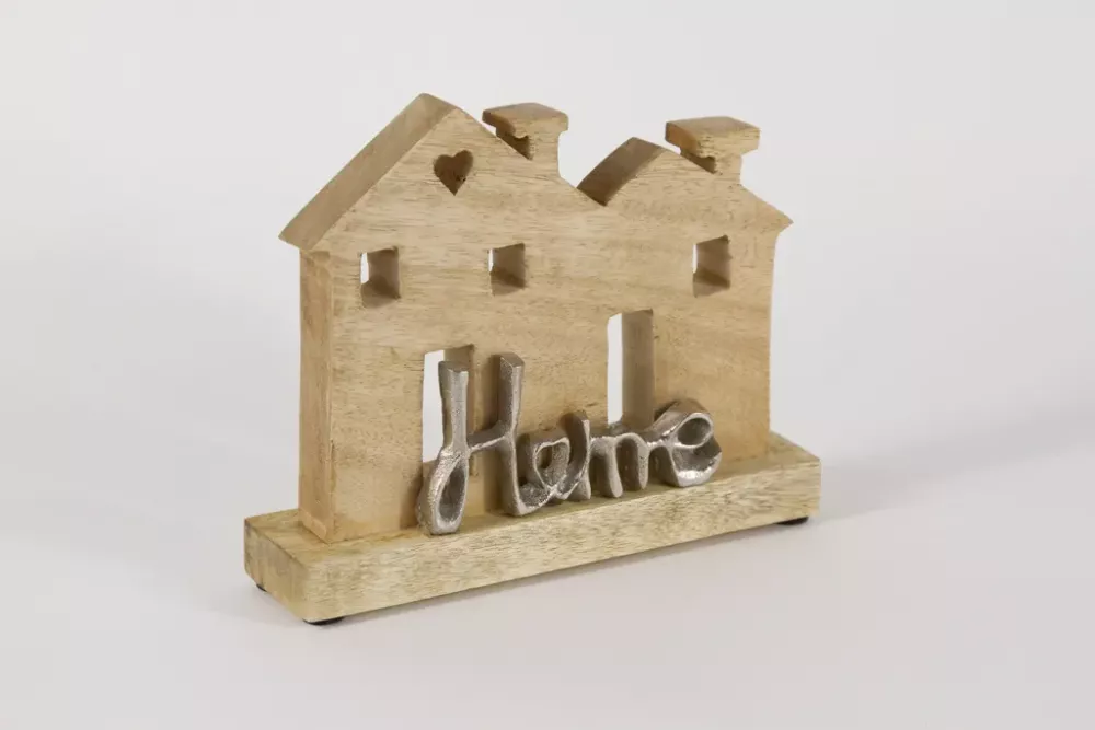 Minimalistischer Deko-Aufsteller „Haus HOME“ – Mangoholz & Metall – 15 x 20 cm