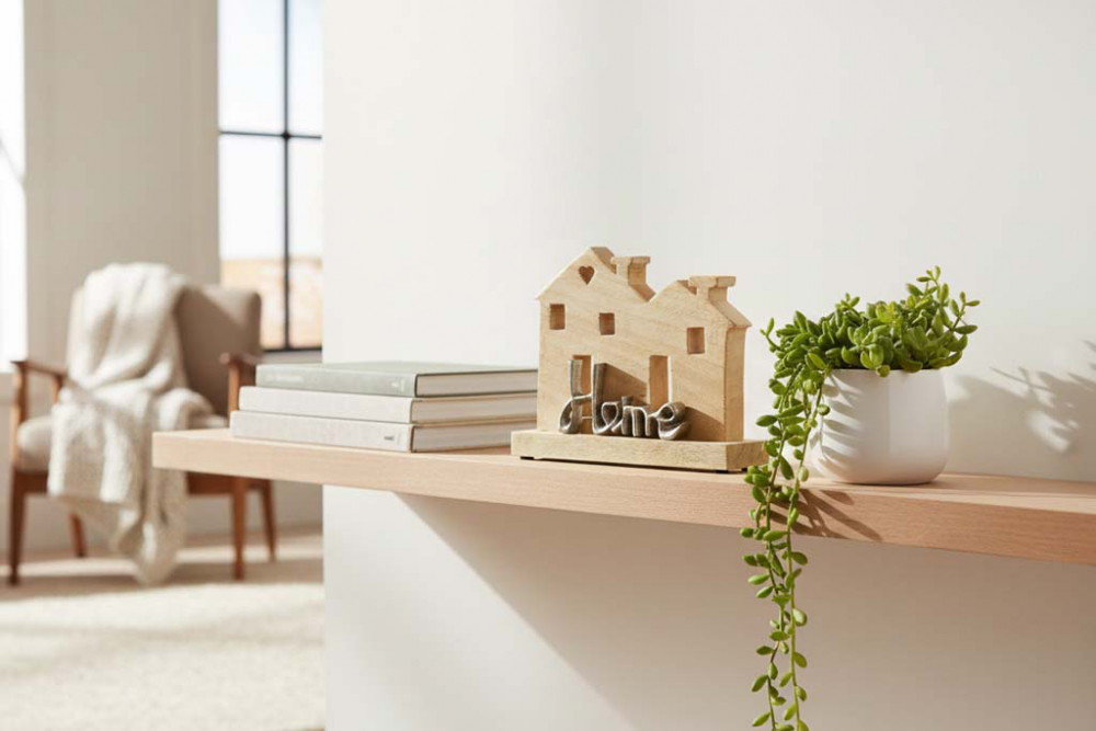 Minimalistischer Deko-Aufsteller „Haus HOME“ – Mangoholz & Metall – 15 x 20 cm