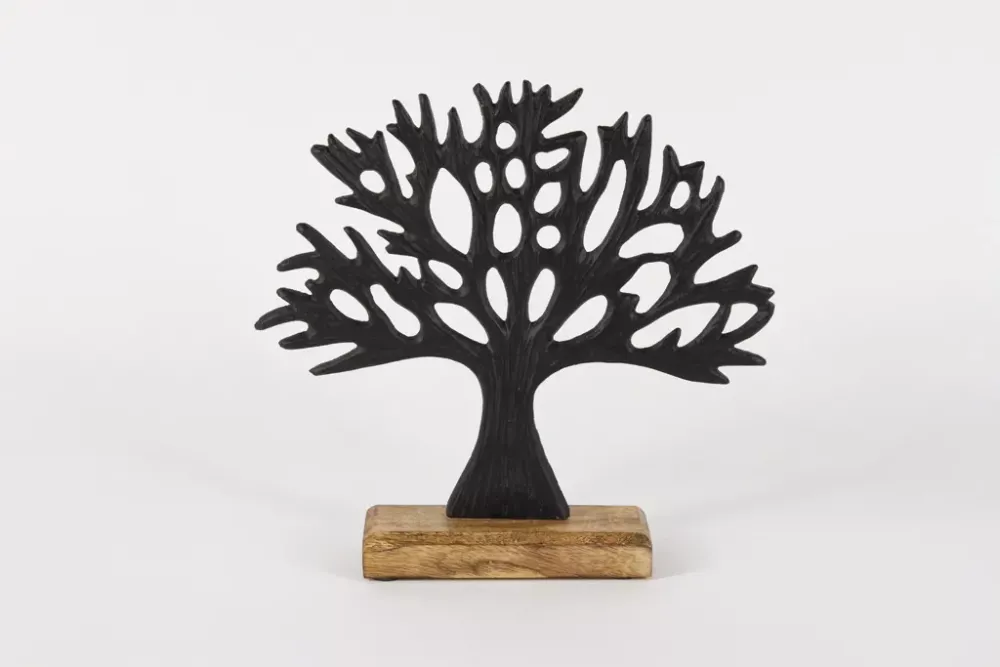 Schwarzer Metallbaum auf Holzsockel – elegante Frühlingsdeko für Ihr Zuhause.