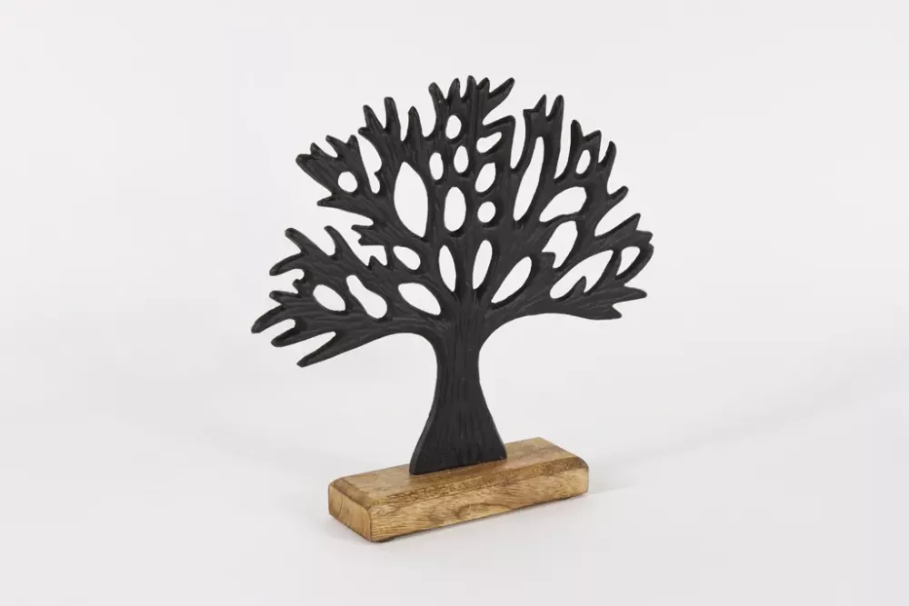 Dekorativer Baum aus schwarzem Metall auf Holzsockel – perfekte Tischdeko für Frühling & Sommer.
