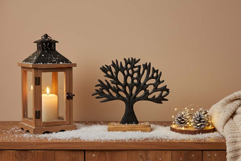 Schwarzer Metallbaum auf Holzsockel – elegante Frühlingsdeko für Ihr Zuhause.