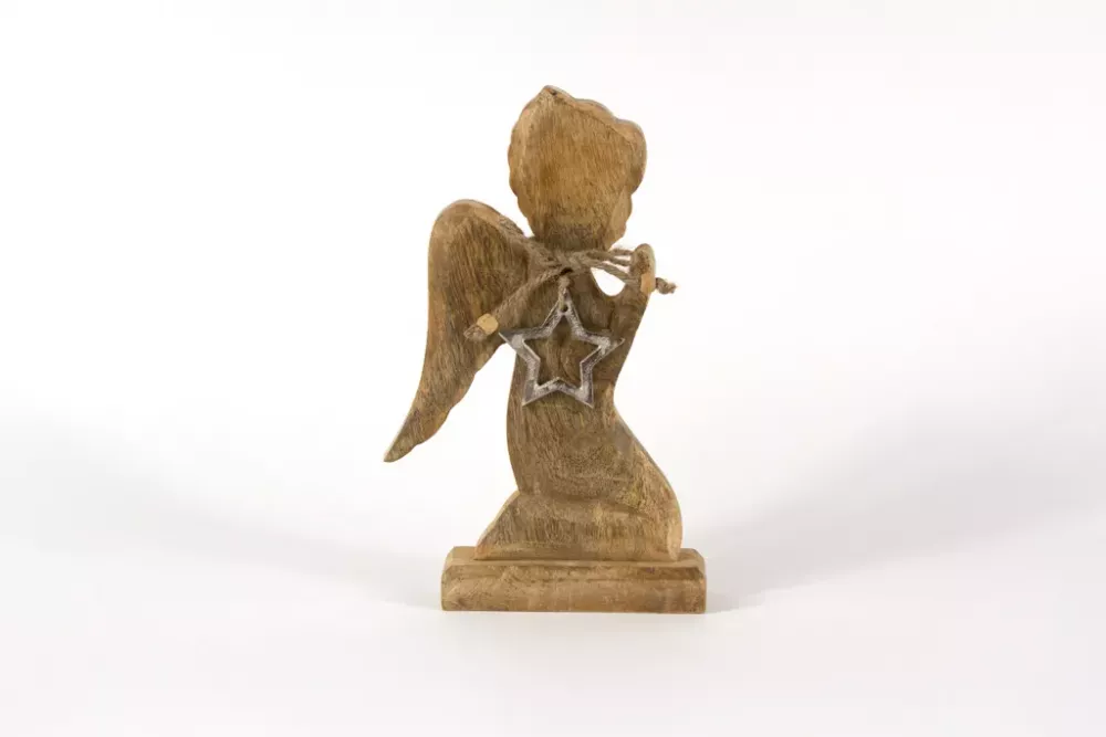 Engel aus Mangoholz mit Metallstern – elegante Weihnachtsdekoration