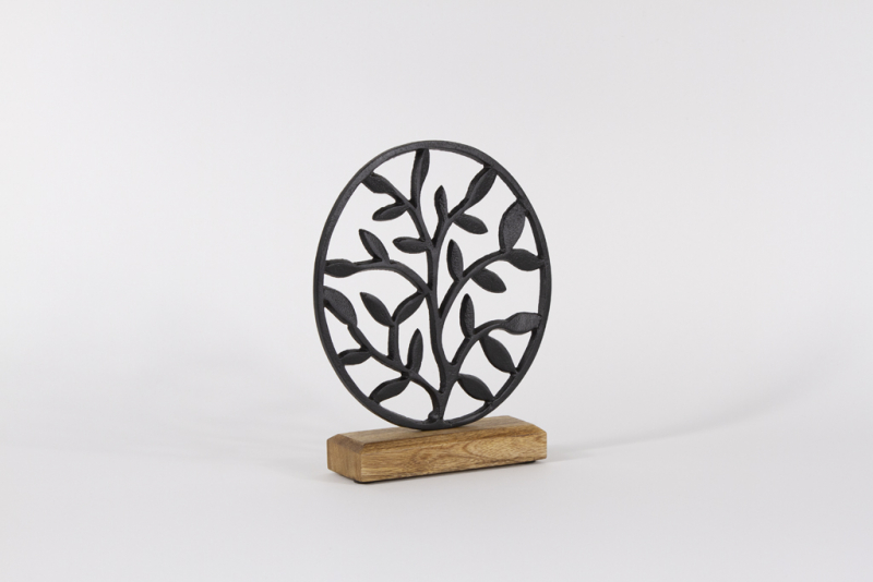 Zweig aus Metall schwarz auf Holzsockel 23 cm