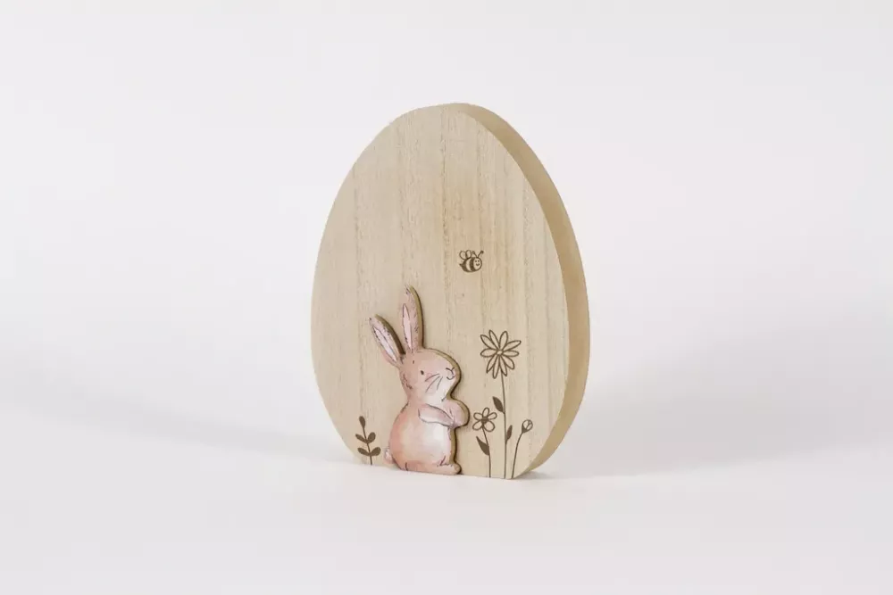Ei aus Holz mit Hase - natur