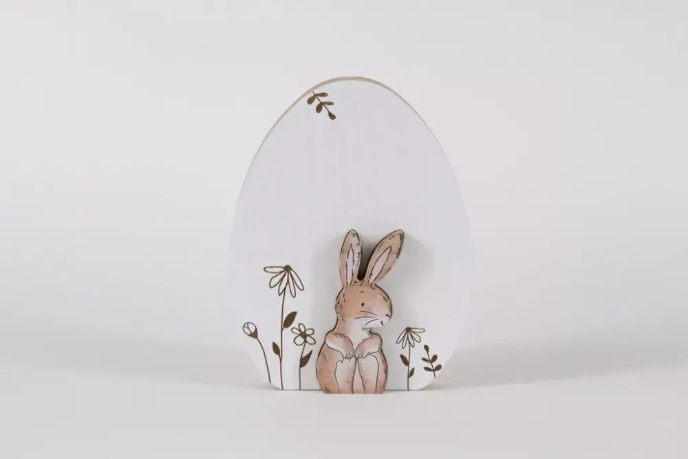Ei aus Holz mit Hase weiss