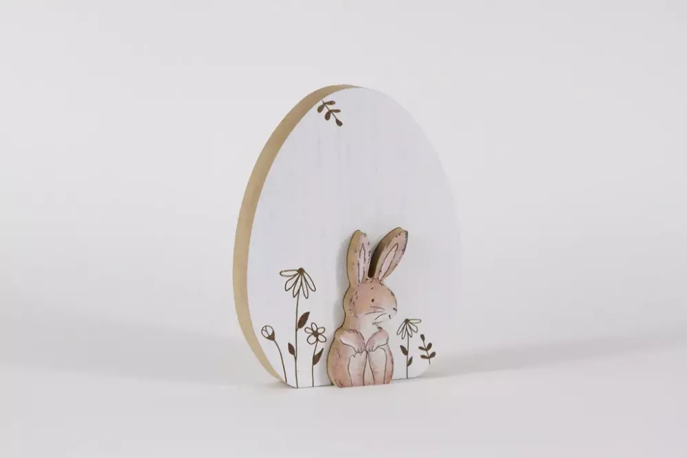 Ei aus Holz mit Hase weiss