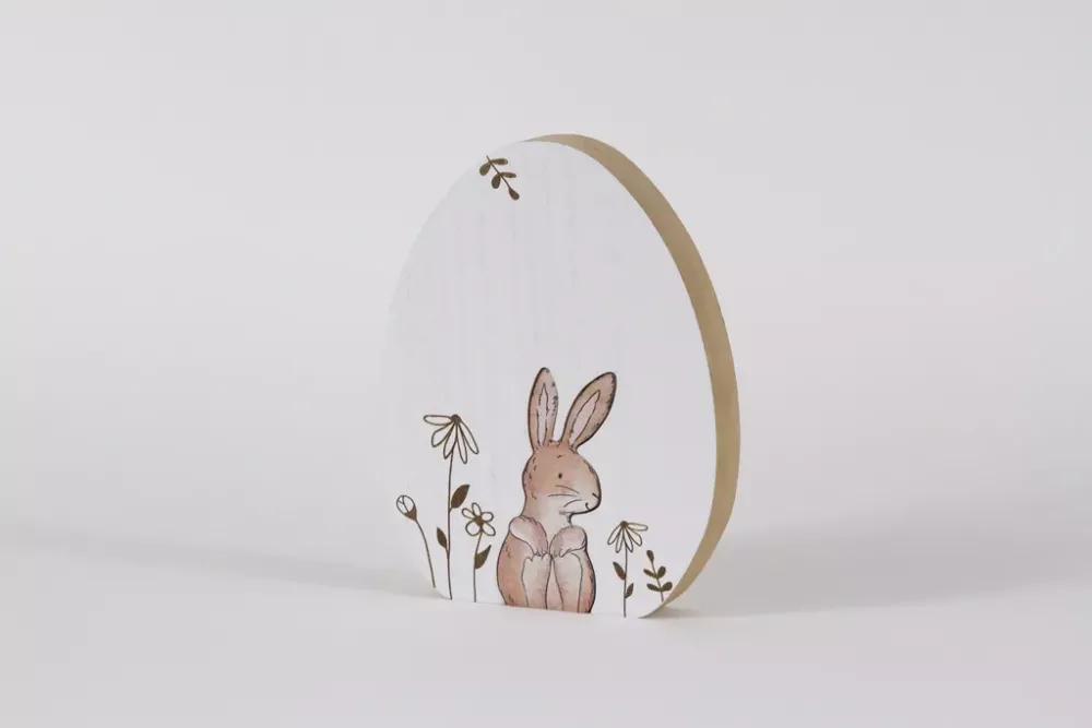Ei aus Holz mit Hase weiss