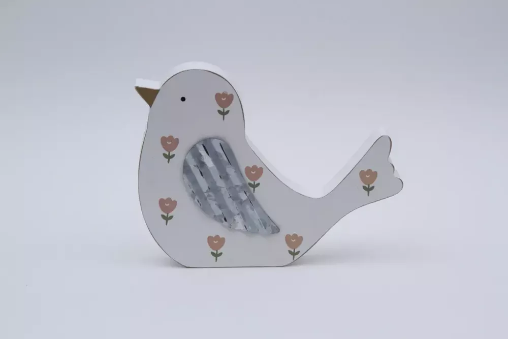 Weißer Vogel aus Holz mit Blumenmuster – romantische Dekofigur für Ihr Zuhause.