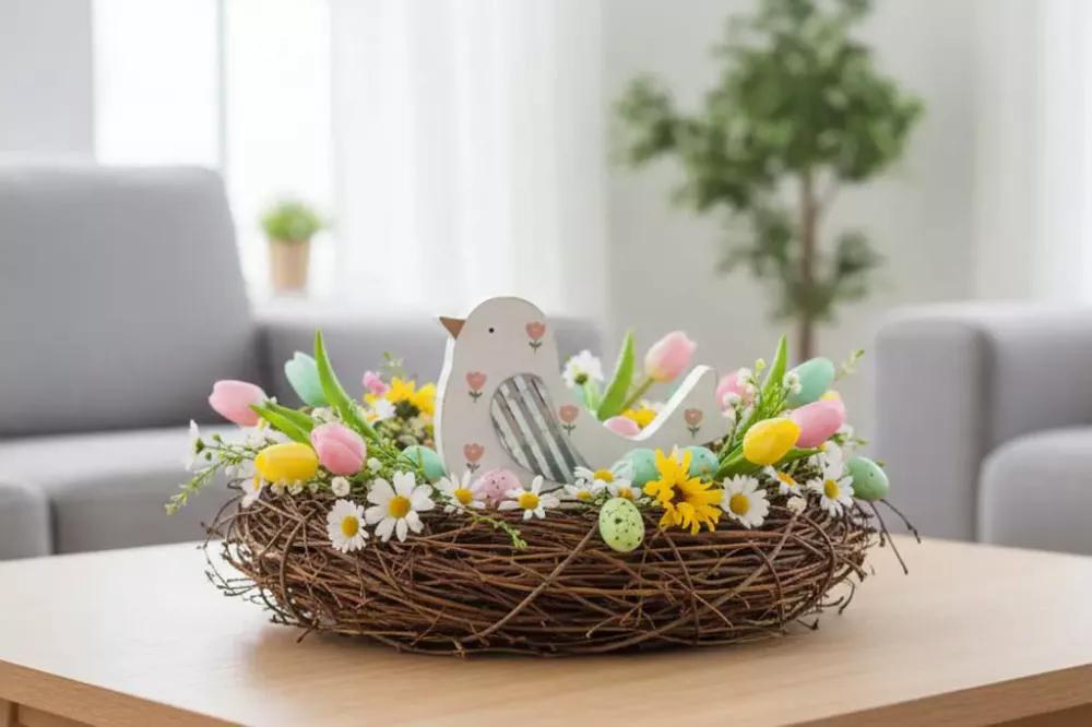 Dekorativer Vogel aus MDF in Weiß mit Blumenaufdruck – perfekte Tischdeko für Frühling & Sommer.
