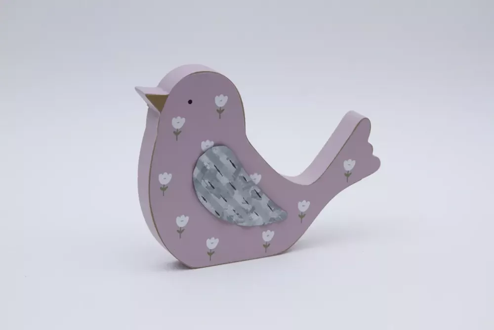 Dekorativer Vogel aus MDF in Rosa mit Blumenaufdruck – perfekte Tischdeko für Frühling & Sommer.