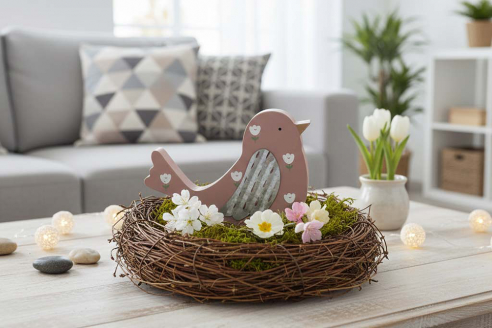 Vogel ausDekorativer Vogel aus MDF in Beige mit Blumenaufdruck – perfekte Tischdeko für Frühling & Sommer. Holz beige