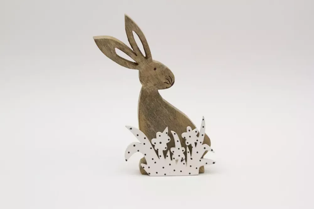 Hase aus Mangoholz mit Blumen naturdeko frühlingshase jetzt kaufen
