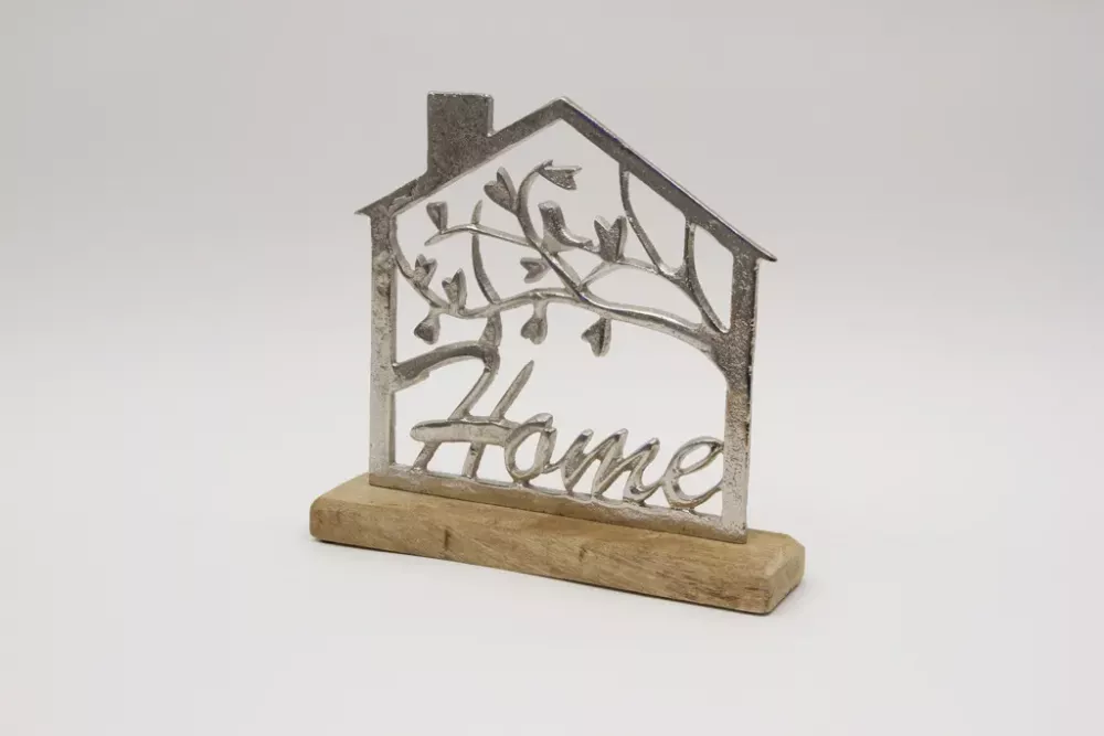 Modernes Haus aus Metall mit Schriftzug Home in schwarzer Farbe