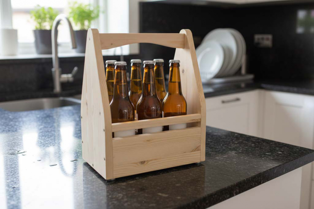 Rustikaler Bierträger aus Holz – praktischer Flaschenträger