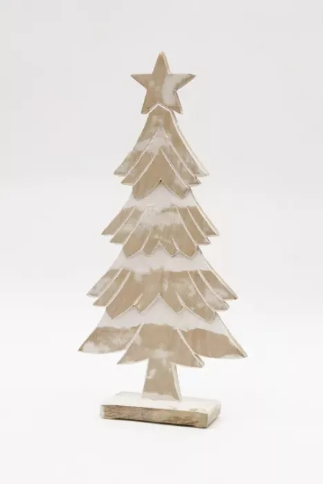 Vielseitiger Tannenbaum aus Mangoholz – 42 cm hohe Dekoration im Shabby Chic Design für Tisch, Fensterbank oder Regal
