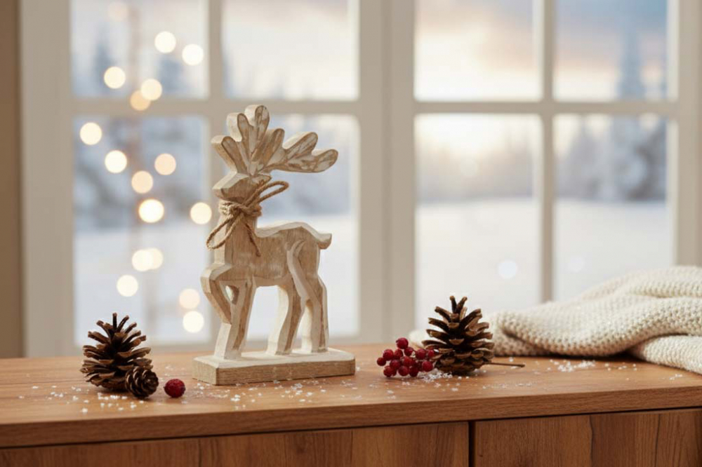 Hirsch aus Mangoholz natur-weiß – elegante Weihnachtsdekoration
