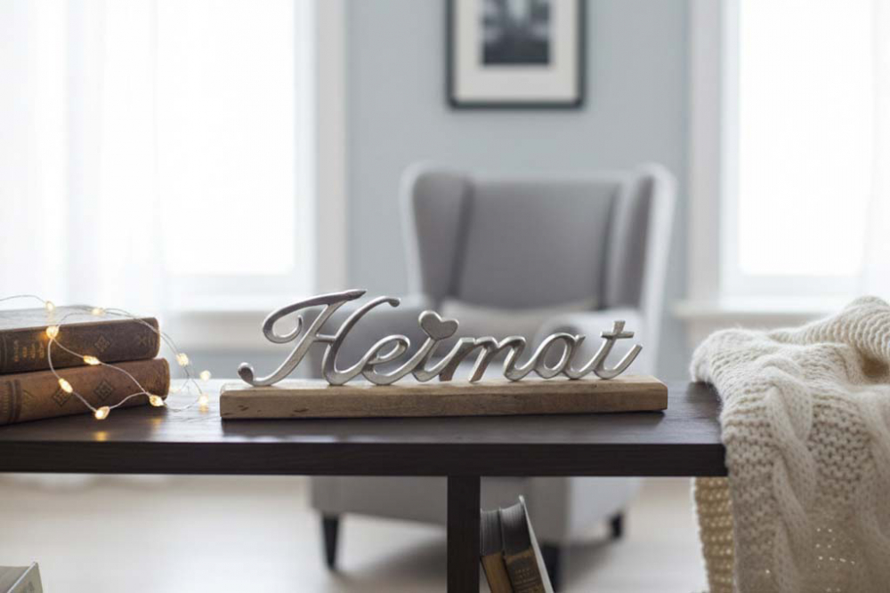 Freistehender Schriftzug Heimat aus silbernem Metall auf Regal