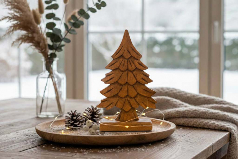 Rustikaler Tannenbaum aus Mangoholz – 27 cm hohe Dekofigur für Tisch, Fensterbank oder Regal