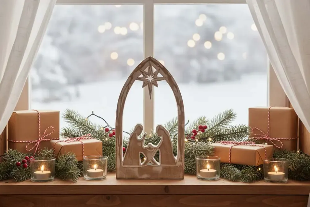 Rustikale Krippenszene aus Mangoholz in Shabby-Optik für stilvolle Tischdeko