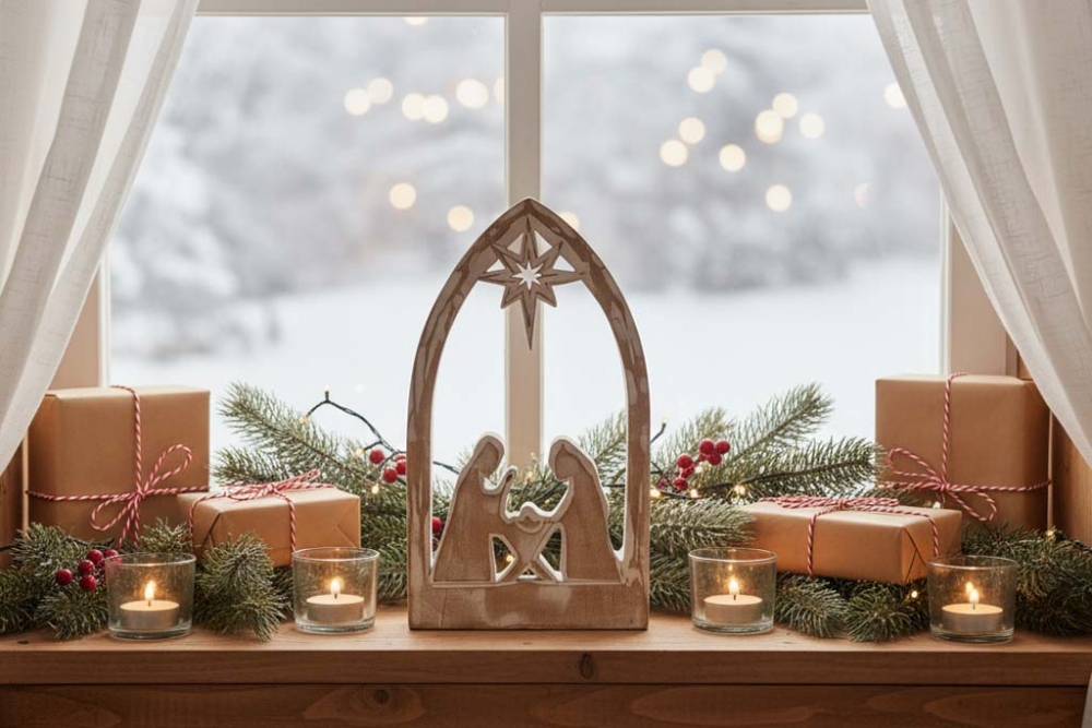 Rustikale Krippenszene aus Mangoholz in Shabby-Optik für stilvolle Tischdeko