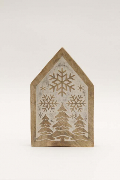 Haus aus Holz mit Schneeflocken-Motiv – Winterliche Dekoration