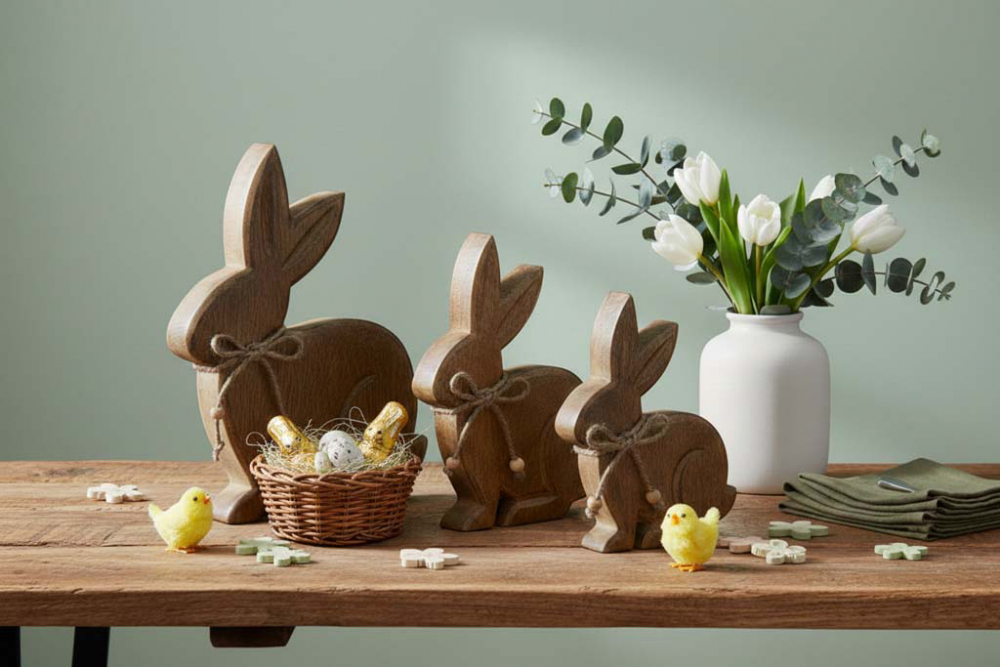 Mangoholz-Hase mit natürlicher Holzmaserung und rustikaler Kordel-Verzierung.