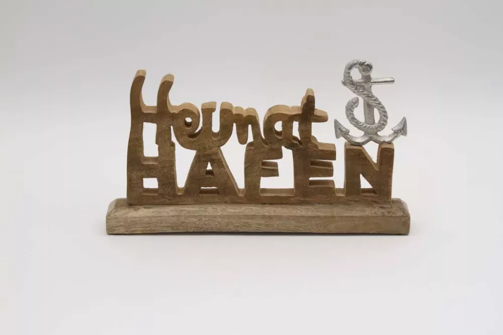 Deko-Schriftzug Heimathafen aus Mangoholz mit silbernem Anker – maritimes Wohnaccessoire, jetzt kaufen