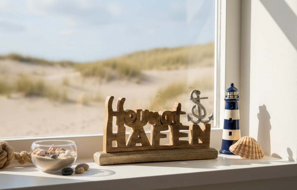 Maritimer Heimathafen Schriftzug als Aufsteller – dekorative Holz-Metall Deko für Regal, Fensterbank