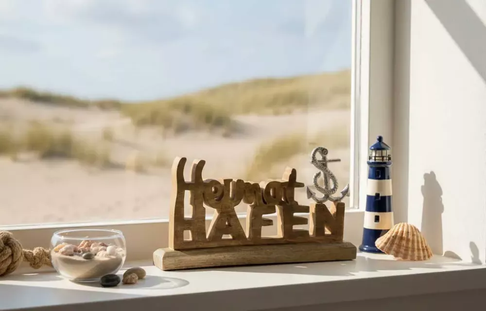 Maritimer Heimathafen Schriftzug als Aufsteller – dekorative Holz-Metall Deko für Regal, Fensterbank