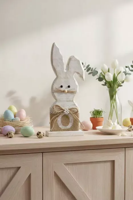Holz Osterhase Dekofigur mit Schleife für stilvolle Osterdekoration