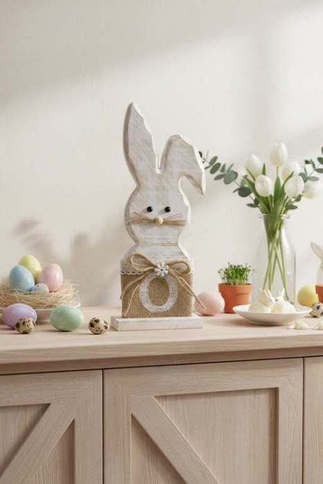 Holz Osterhase Dekofigur mit Schleife für stilvolle Osterdekoration