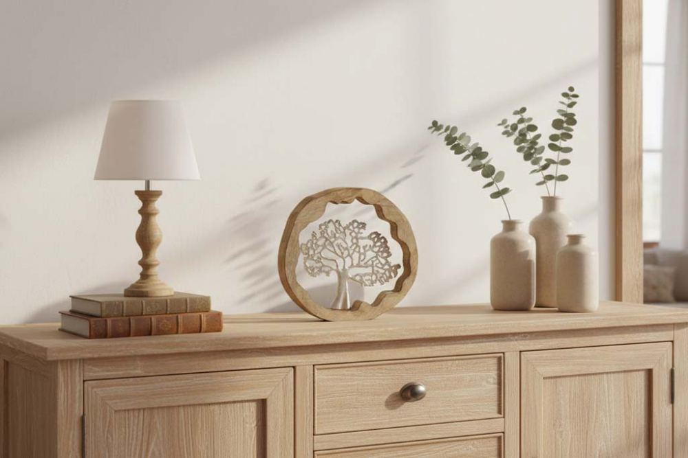 Dekorativer Baum des Lebens aus Metall eingefasst in Mangoholz-Ring – hochwertige Deko jetzt bestellen