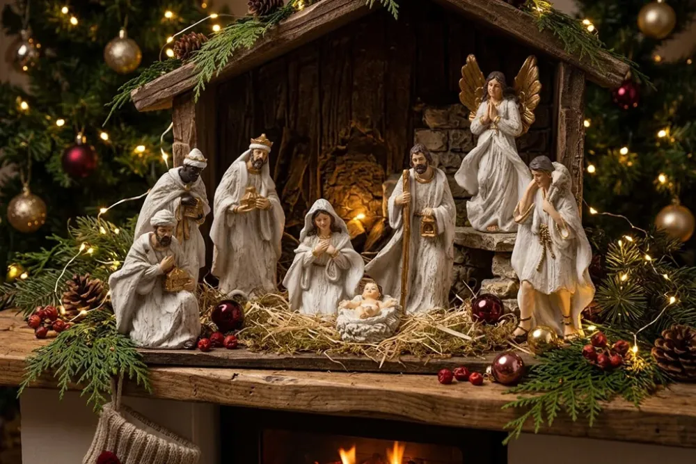 8-teiliges modernes Krippenfiguren-Set in Weiß und Gold mit Heiliger Familie