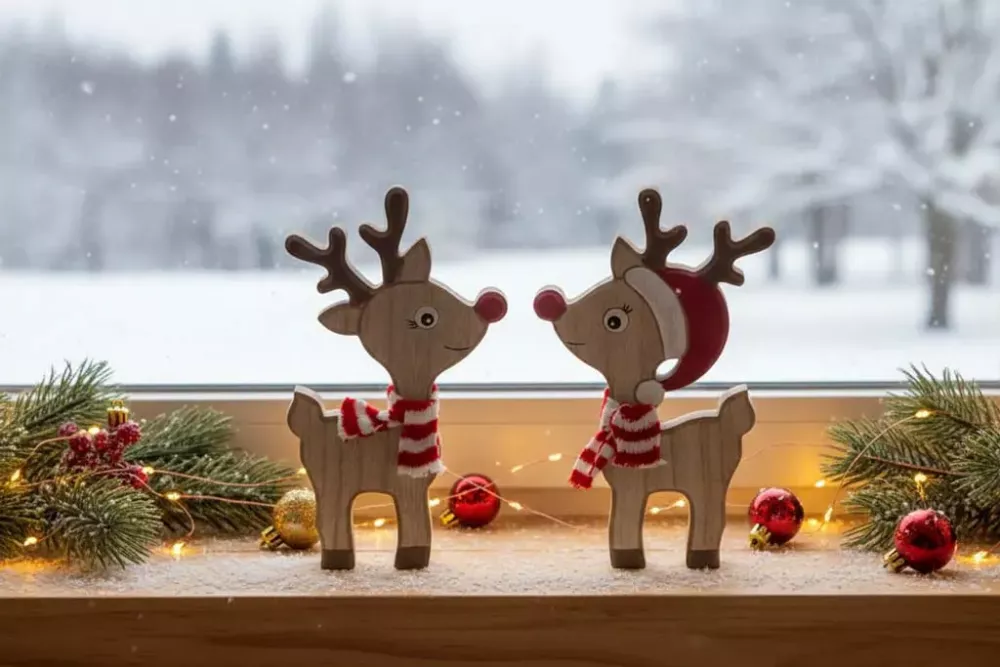 Niedliche Rentier Holzfigur für festliche Tischdeko und Winterdekoration bestellen