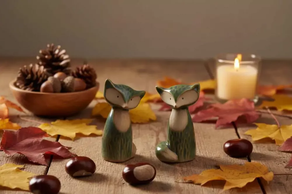 Dekorative Fuchsfiguren aus Steingut in Grün für Regal und Sideboard