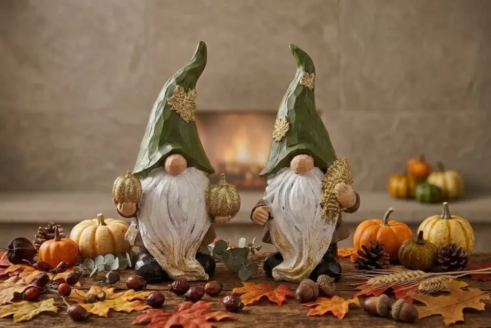 2er-Set Wichtelfiguren aus Polyresin mit Kürbissen und Blatt